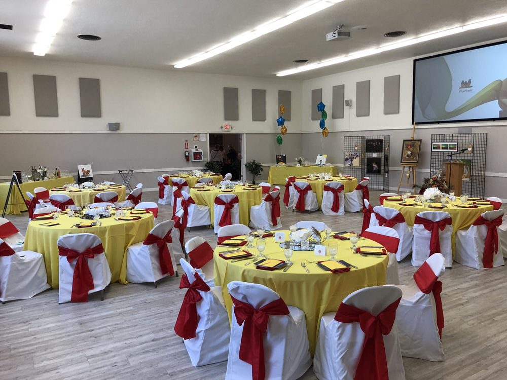 The hall set for a wedding reception